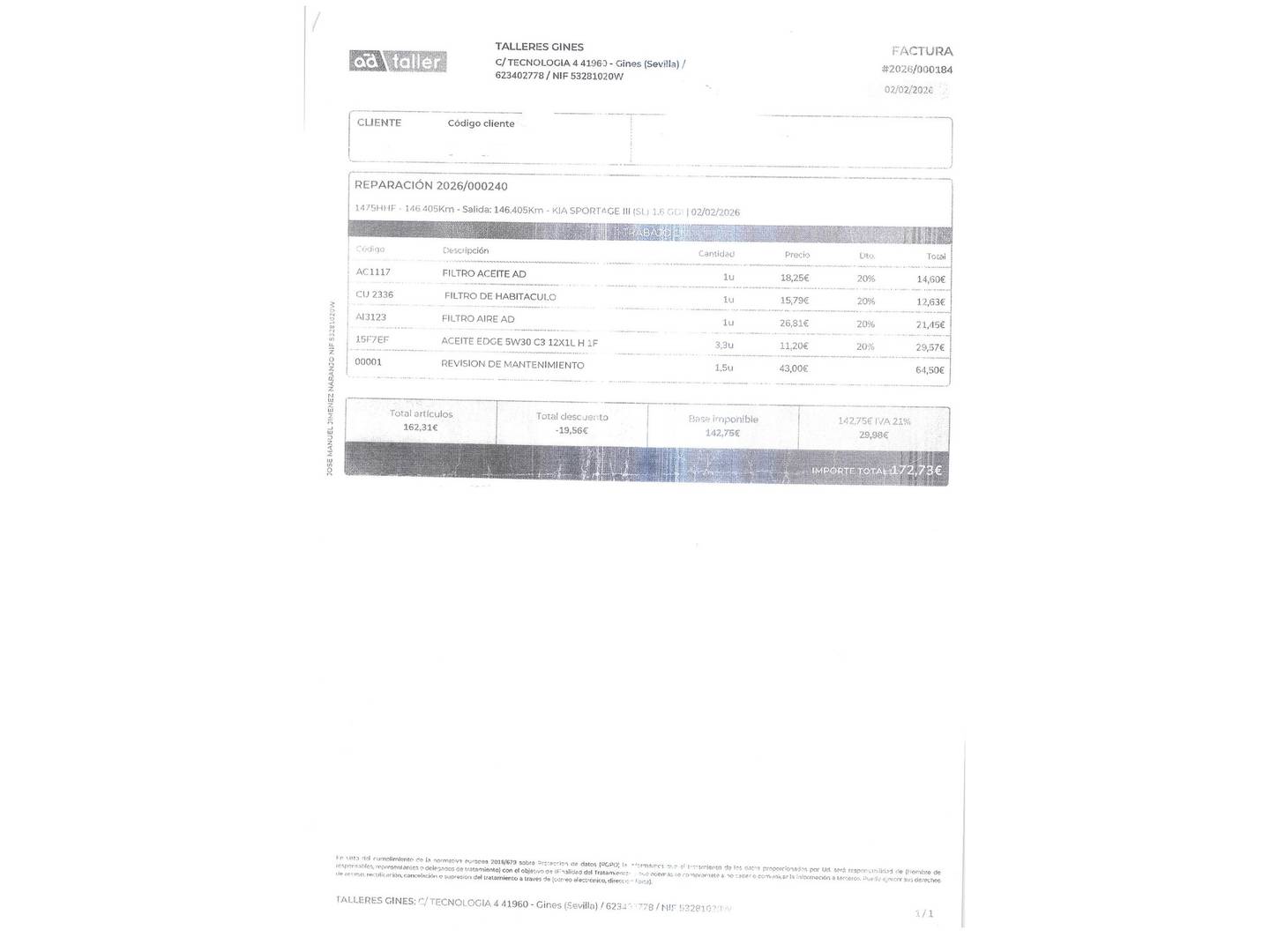 Foto del mantenimiento del KIA Sportage KIA Sportage 1.6 GDI Drive 4x2  (135 CV)