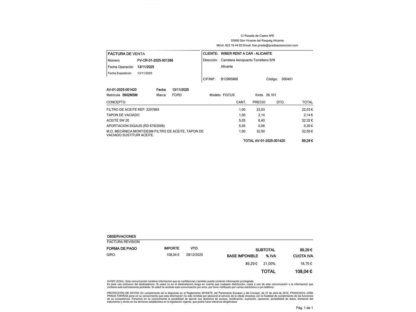 Foto del mantenimiento del Ford Focus Ford Focus 1.0 Ecoboost MHEV ST-Line Auto (155 CV)