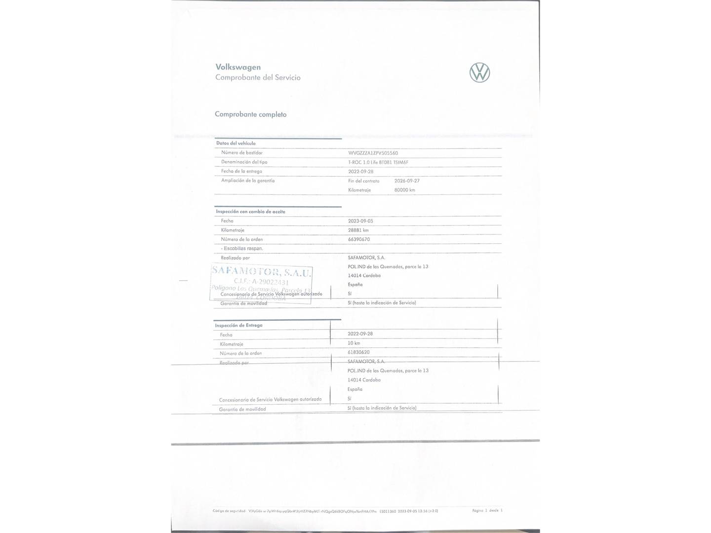 Foto del mantenimiento del Volkswagen T-Roc Volkswagen T-Roc Life 1.0 TSI (110 CV)