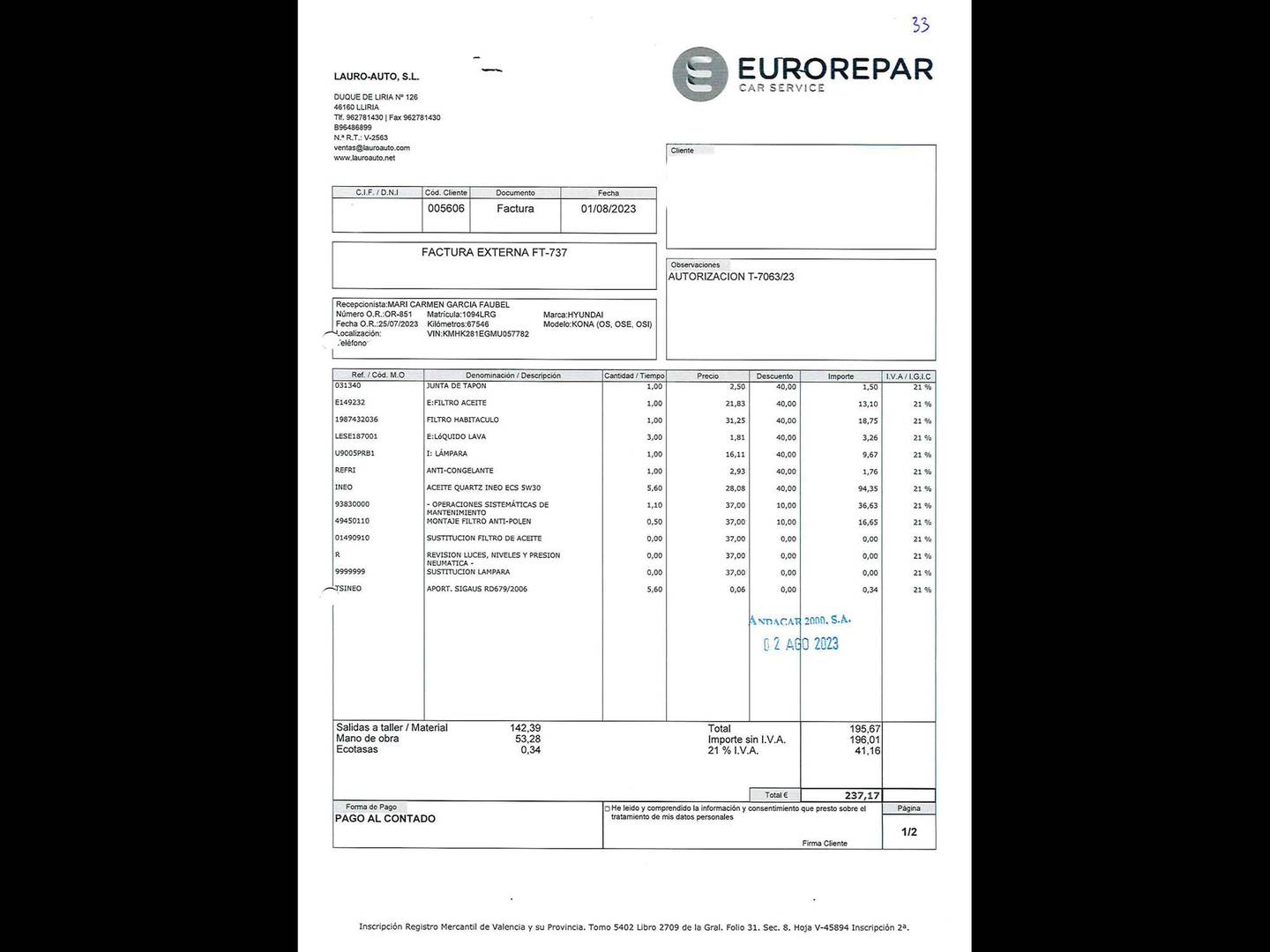 Foto del mantenimiento del Hyundai Kona Hyundai Kona 1.6 GDI HEV Maxx DCT (141 CV)
