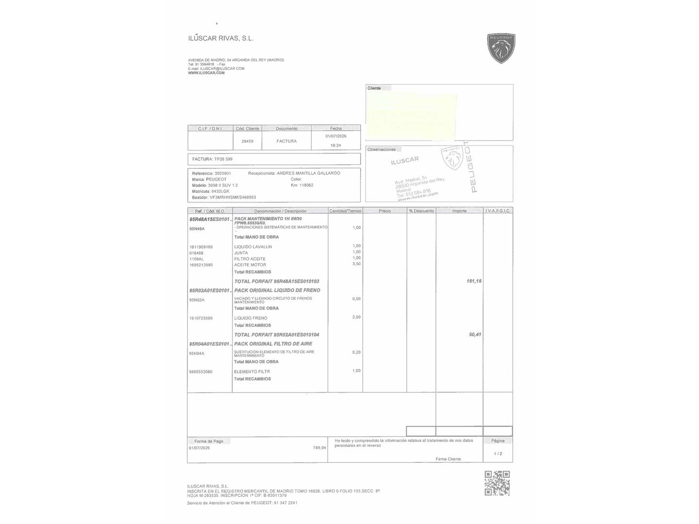 Foto del mantenimiento del Peugeot 3008 Peugeot 3008 PureTech 130 S&S Allure (130 CV)