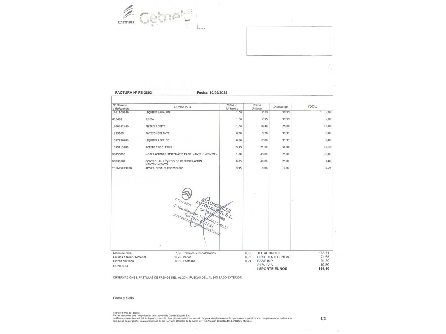 Foto del mantenimiento del Citroën Berlingo Citroën Berlingo BlueHDi 130 S&S Talla XL Shine EAT8 (130 CV) 7 Plazas