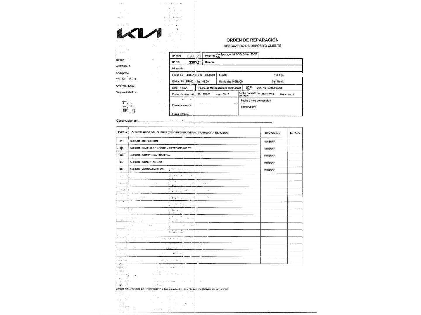 Foto del mantenimiento del KIA Sportage KIA Sportage 1.6 T-GDi Drive 4x2 (150 CV)