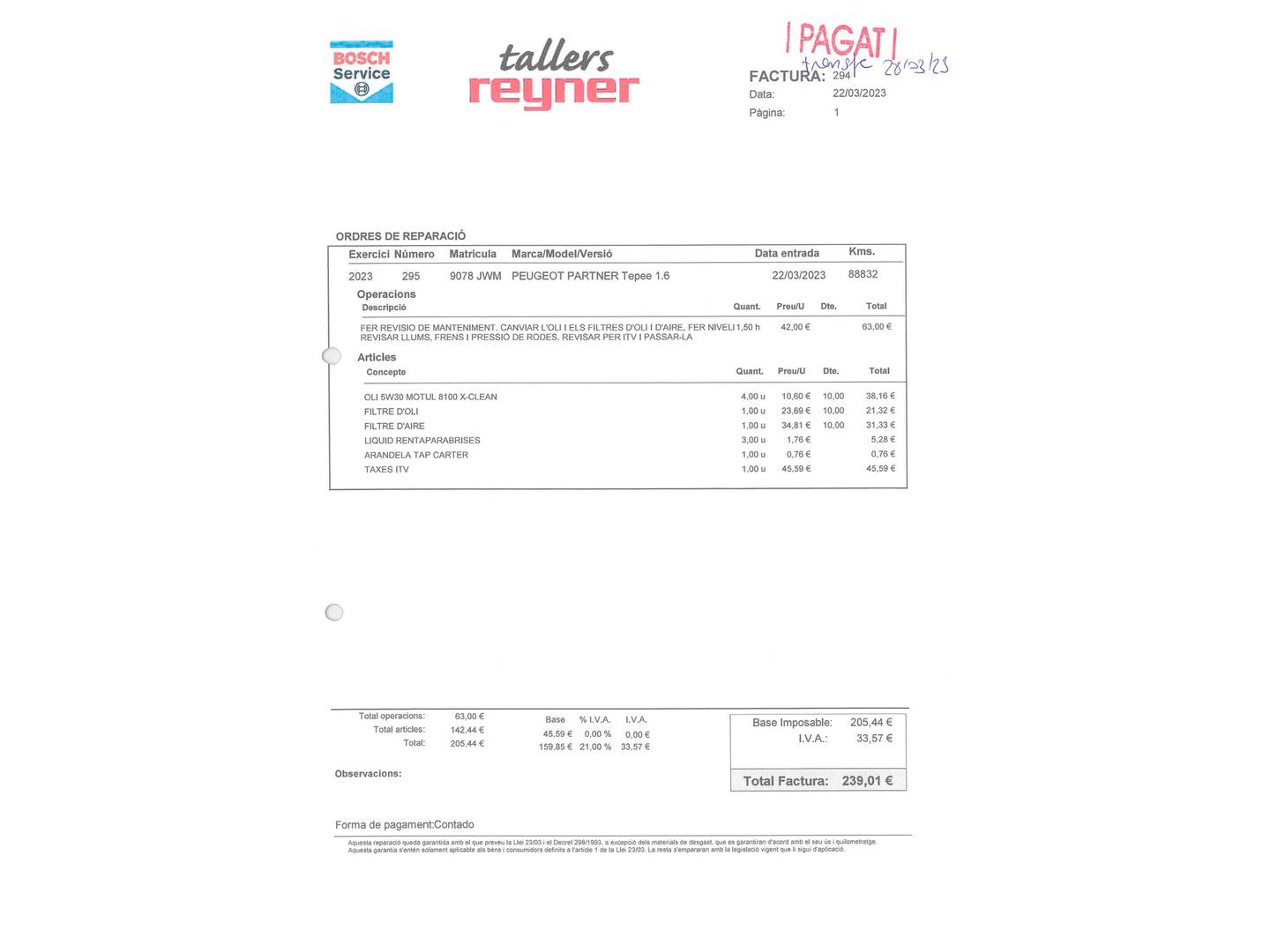 Foto del mantenimiento del Peugeot Partner Peugeot Partner Tepee Combi 1.6 BlueHDi Outdoor (100 CV)