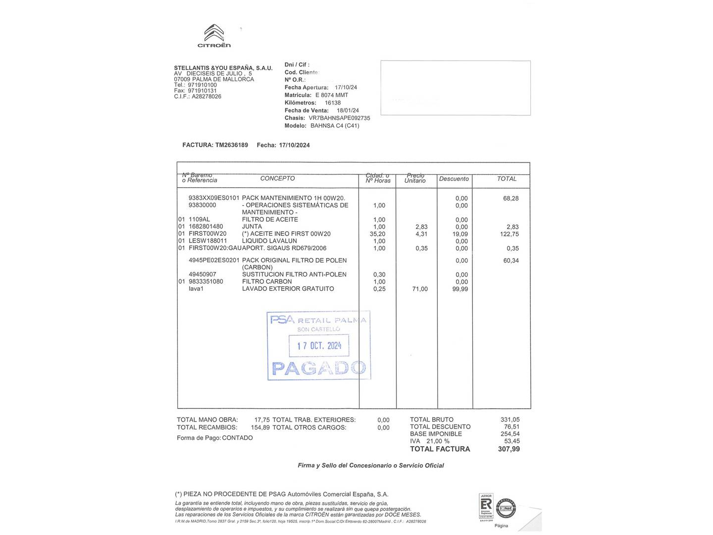 Foto del mantenimiento del Citroën C4 Citroën C4 PureTech 130 S&S You (131 CV)