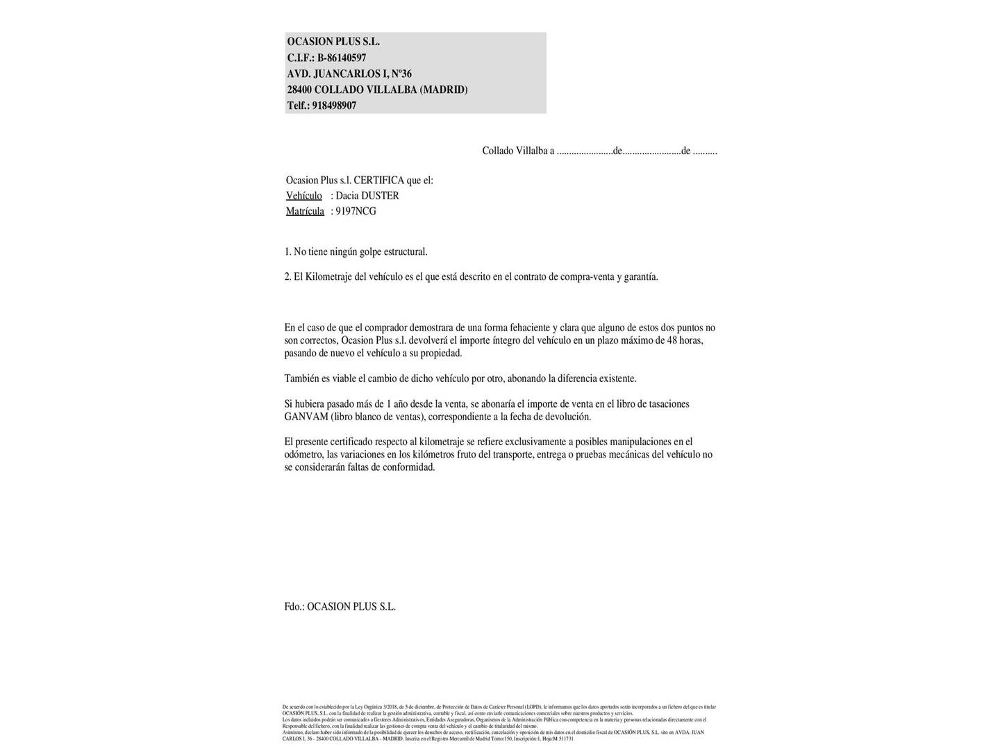 Foto del certificado del Dacia Duster Dacia Duster Journey TCE 48v 4X2 (130 CV)