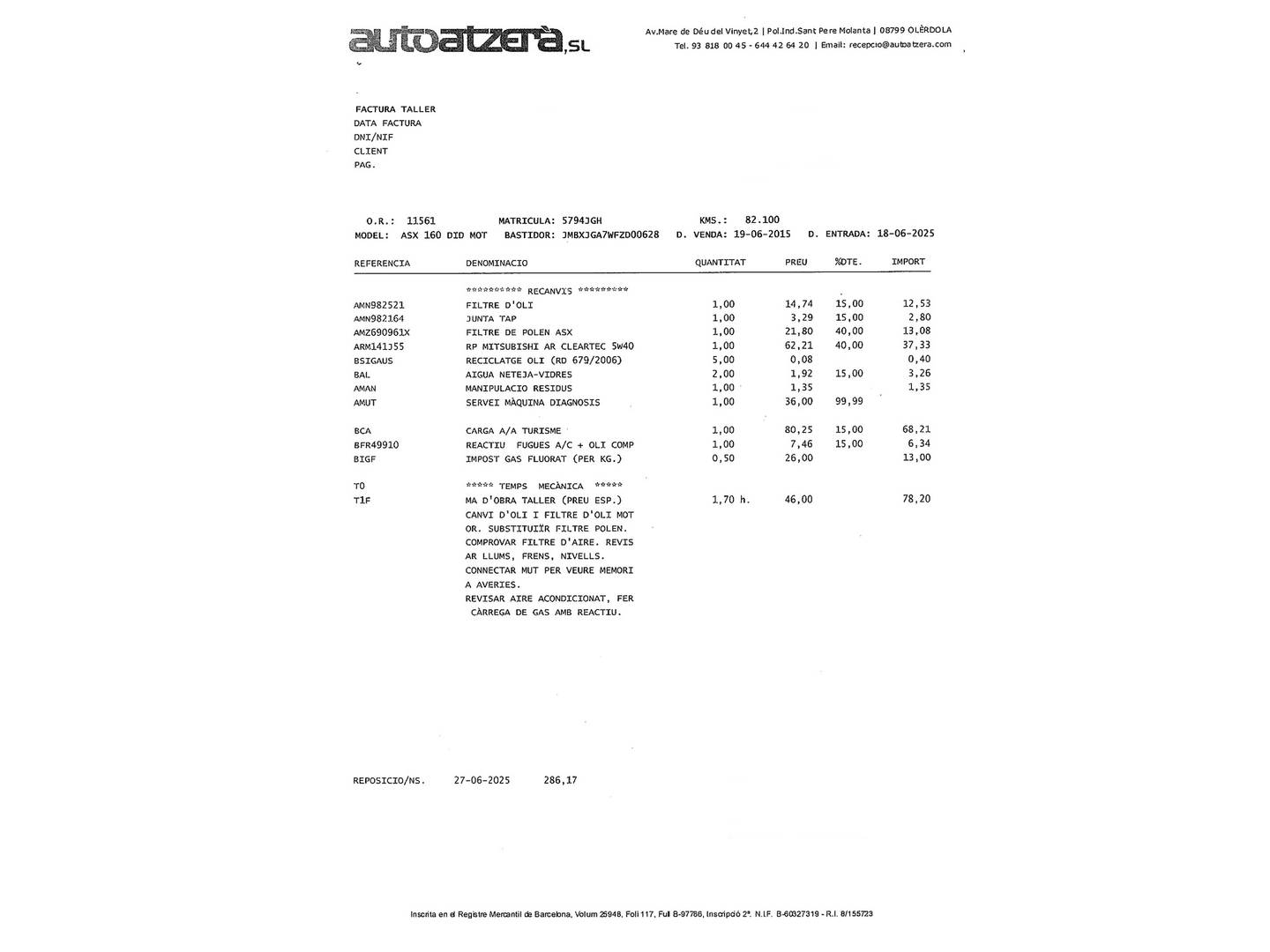 Foto del mantenimiento del Mitsubishi ASX Mitsubishi ASX 160 DI-D Motion (114 CV)