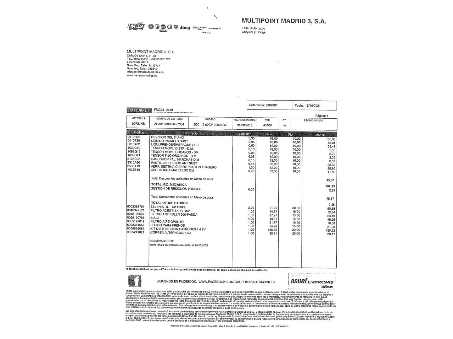 Foto del mantenimiento del Fiat 500 Fiat 500 1.2 8v Lounge (69 CV)