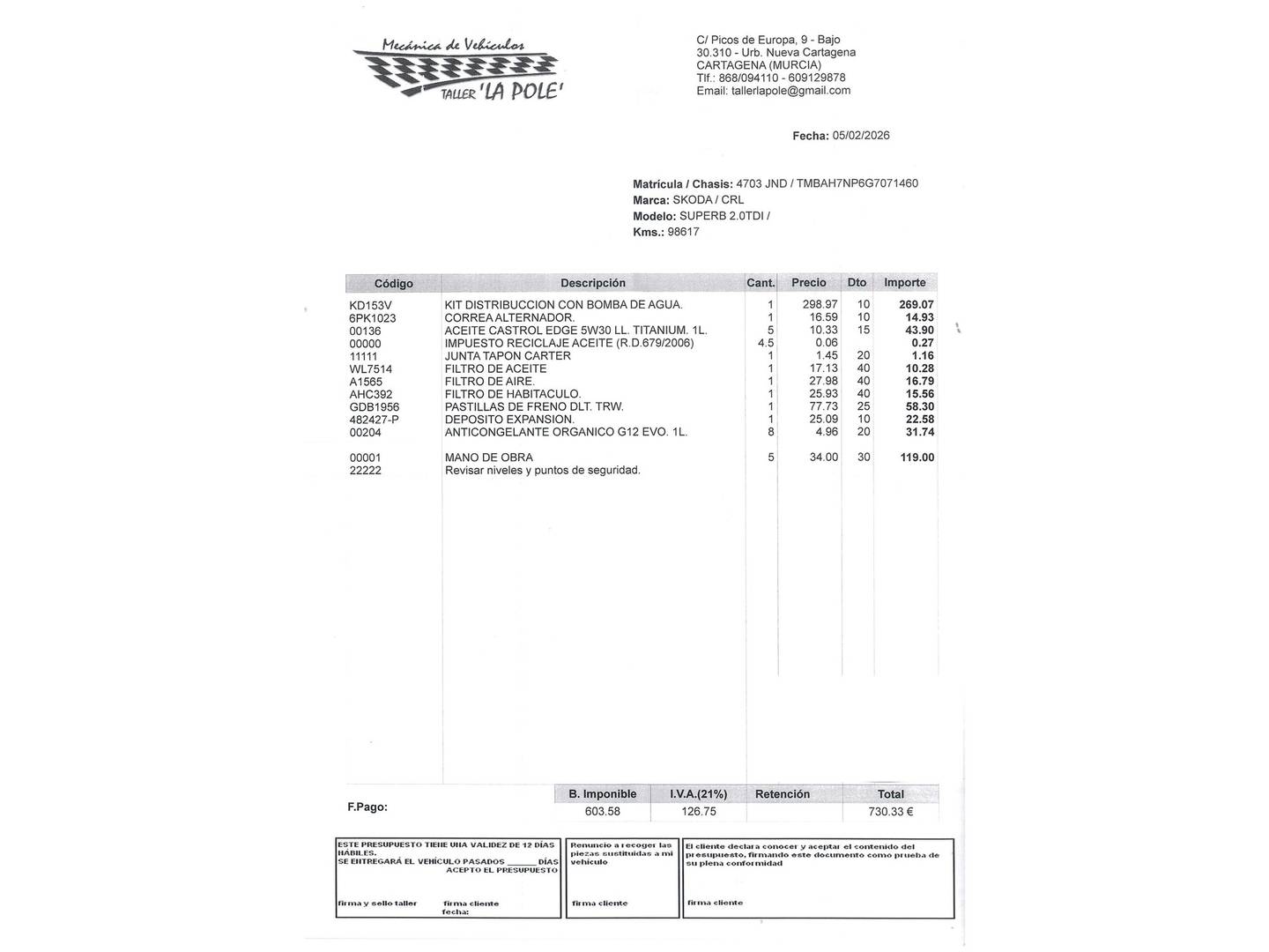 Foto del mantenimiento del Skoda Superb Skoda Superb 2.0 TDI Style (150 CV)
