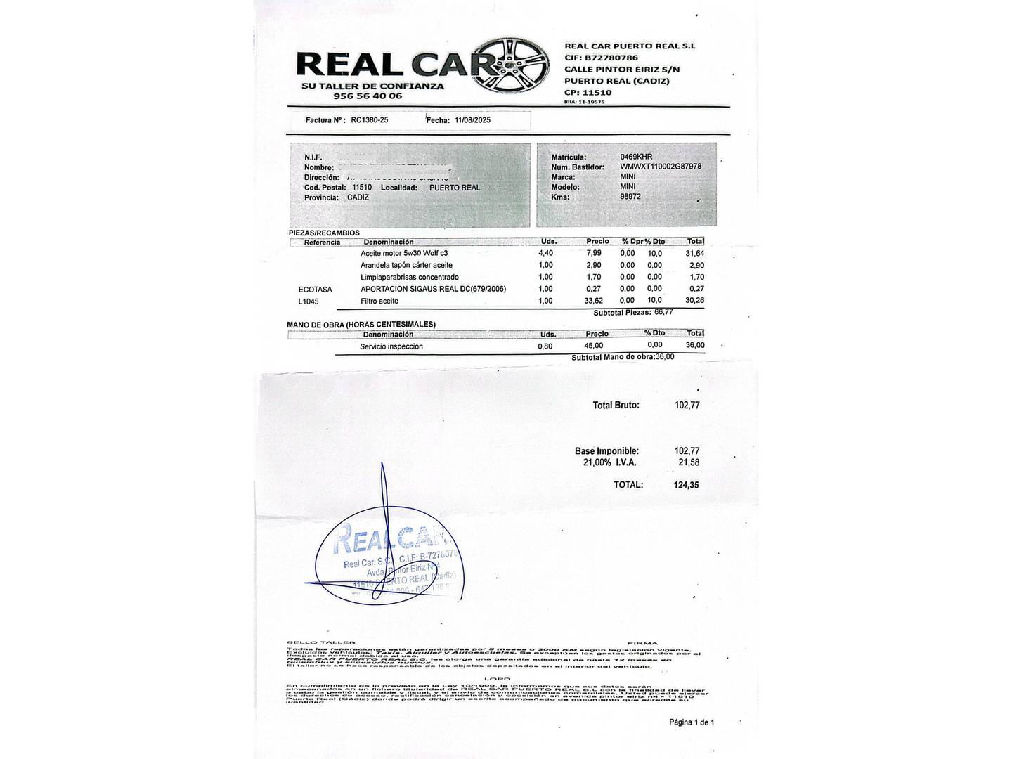 Foto del mantenimiento del Mini MINI Mini MINI Cooper 5 Puertas One D (95 CV)