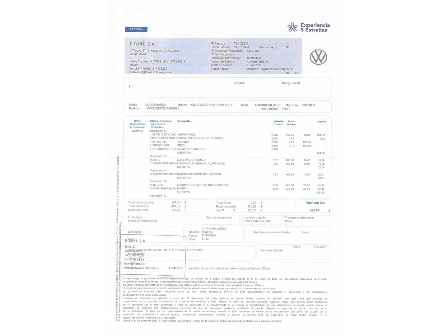 Foto del mantenimiento del Volkswagen Touran Volkswagen Touran Sport 1.4 TSI (150 CV) 7 Plazas