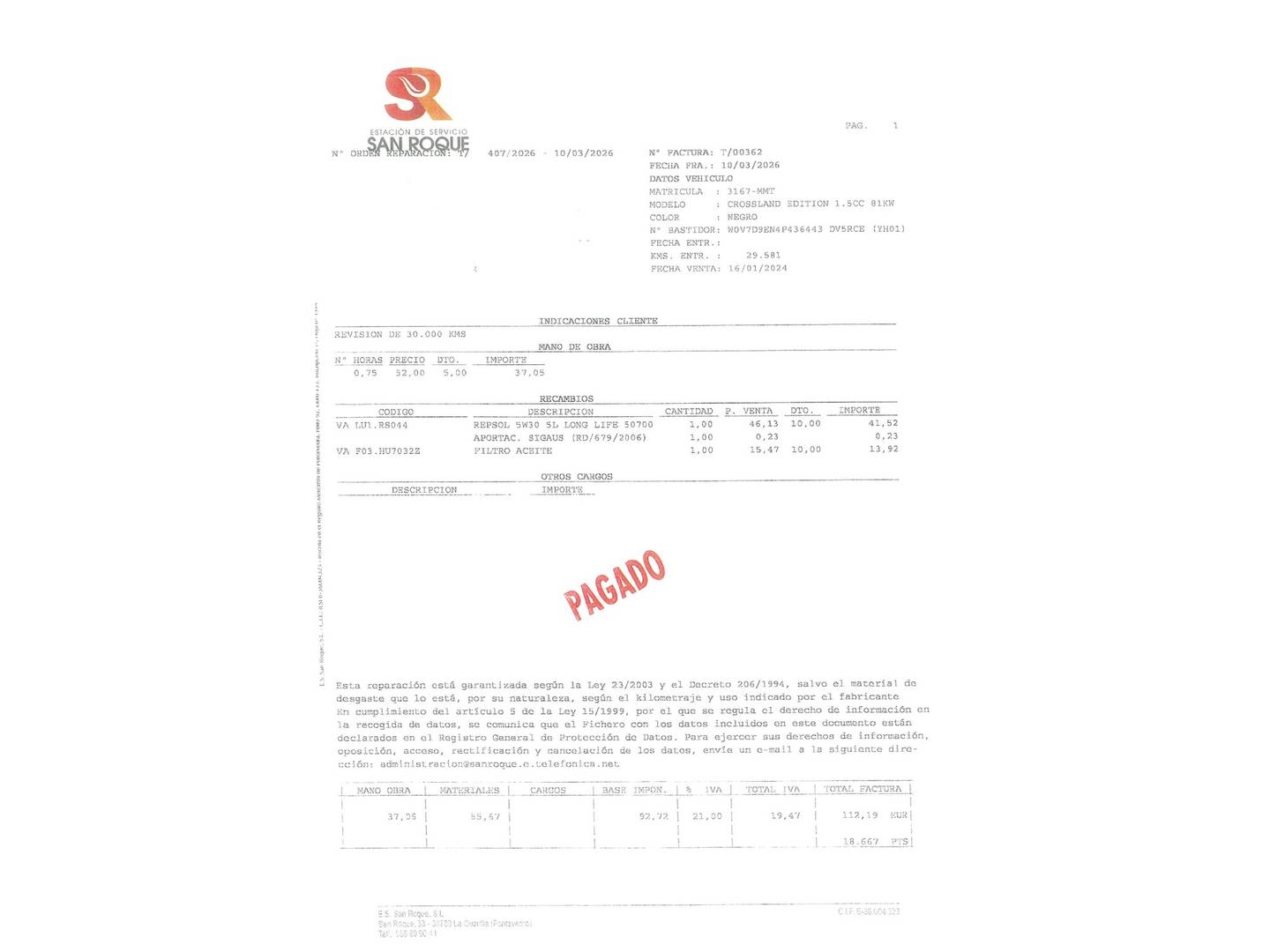 Foto del mantenimiento del Opel Crossland Opel Crossland 1.5D Edition  (110 CV)