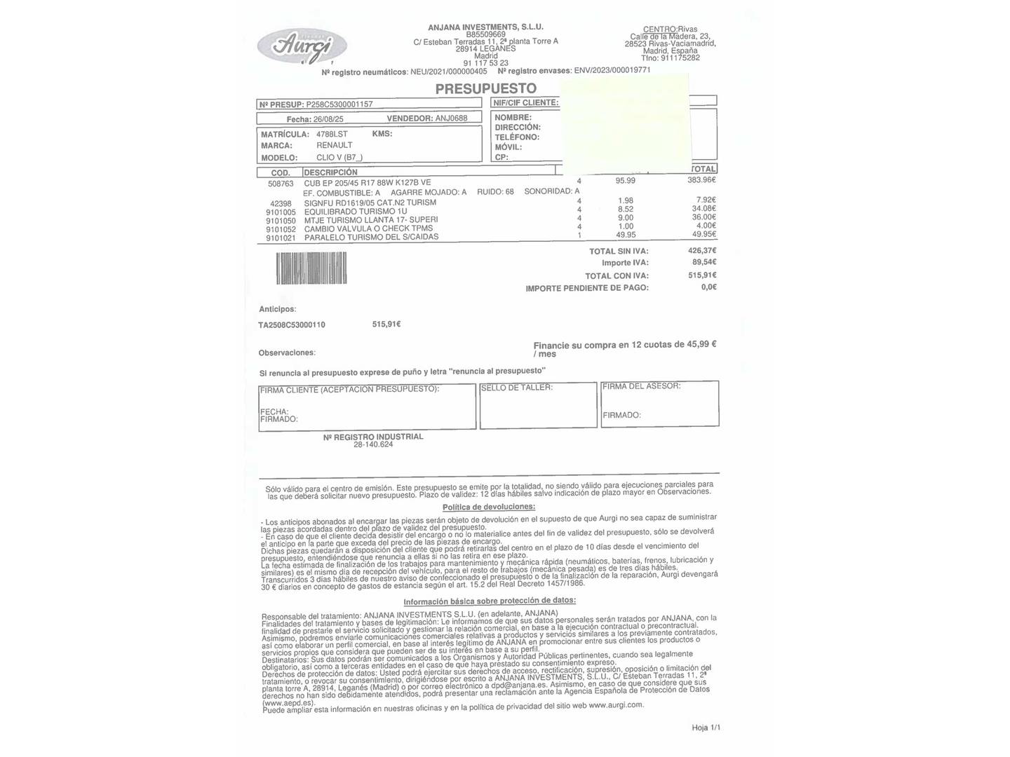 Foto del mantenimiento del Renault Clio Renault Clio Zen TCe (90 CV)
