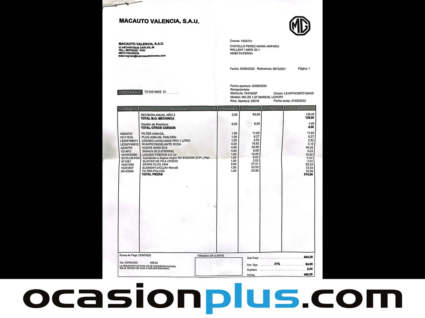 Foto del mantenimiento del MG ZS MG ZS 1.0T Luxury (111 CV)