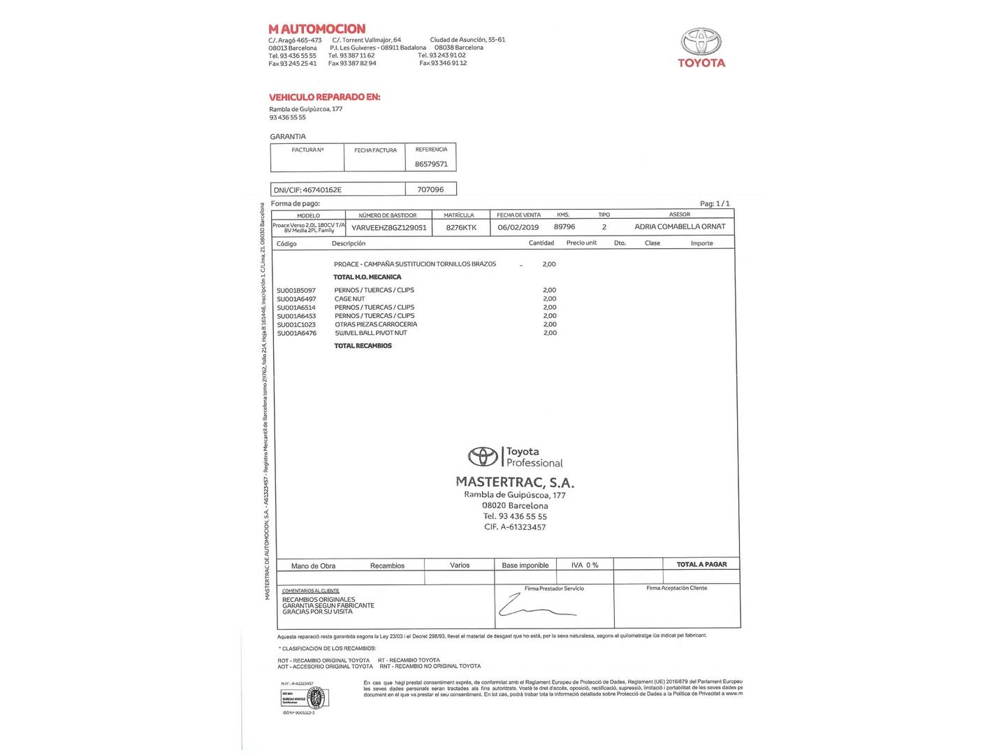 Foto del mantenimiento del Toyota Proace Verso Toyota Proace Verso Combi 2.0D Advance (177 CV)9 Plazas