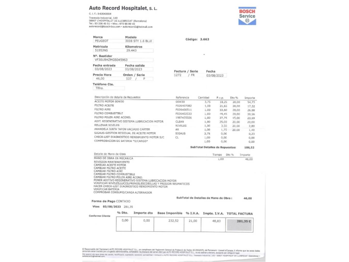 Foto del mantenimiento del Peugeot 3008 Peugeot 3008 1.6 BlueHDI FAP Style (120 CV)