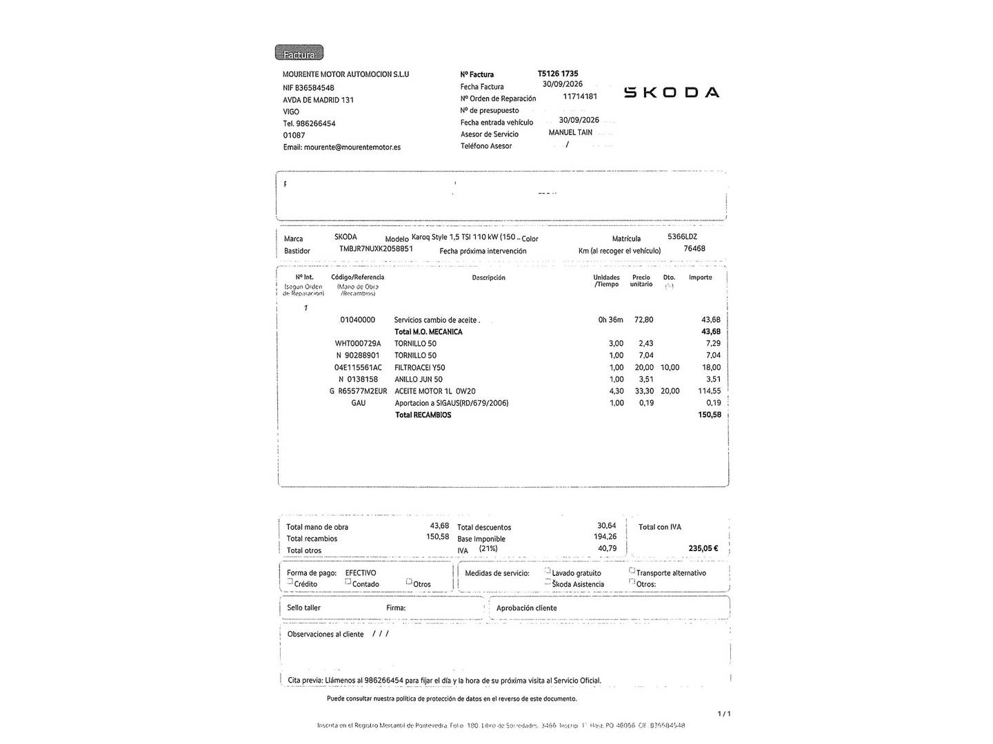 Foto del mantenimiento del Skoda Karoq Skoda Karoq 1.5 TSI ACT Style DSG (150 CV)