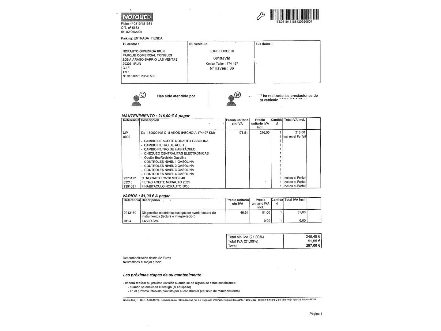Foto del mantenimiento del Ford Focus Ford Focus 1.0 Ecoboost S&S Business (125 CV)