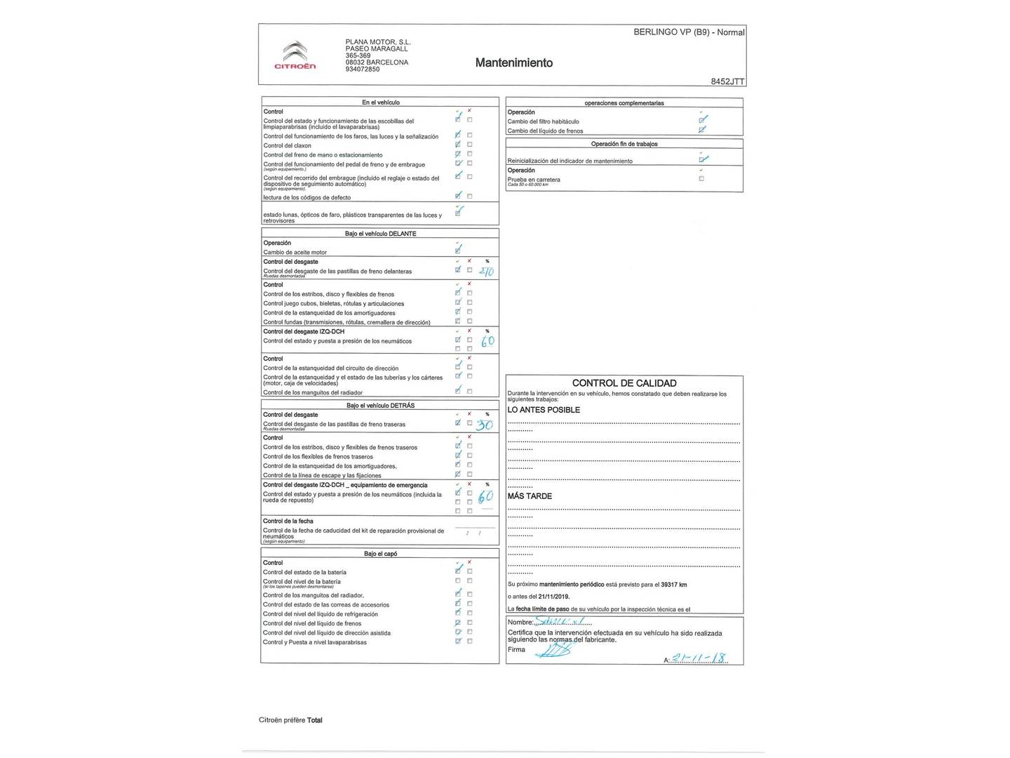 Foto del mantenimiento del Citroën Berlingo Citroën Berlingo Combi PureTech 110 Multispace 20 Aniversario (110 CV)