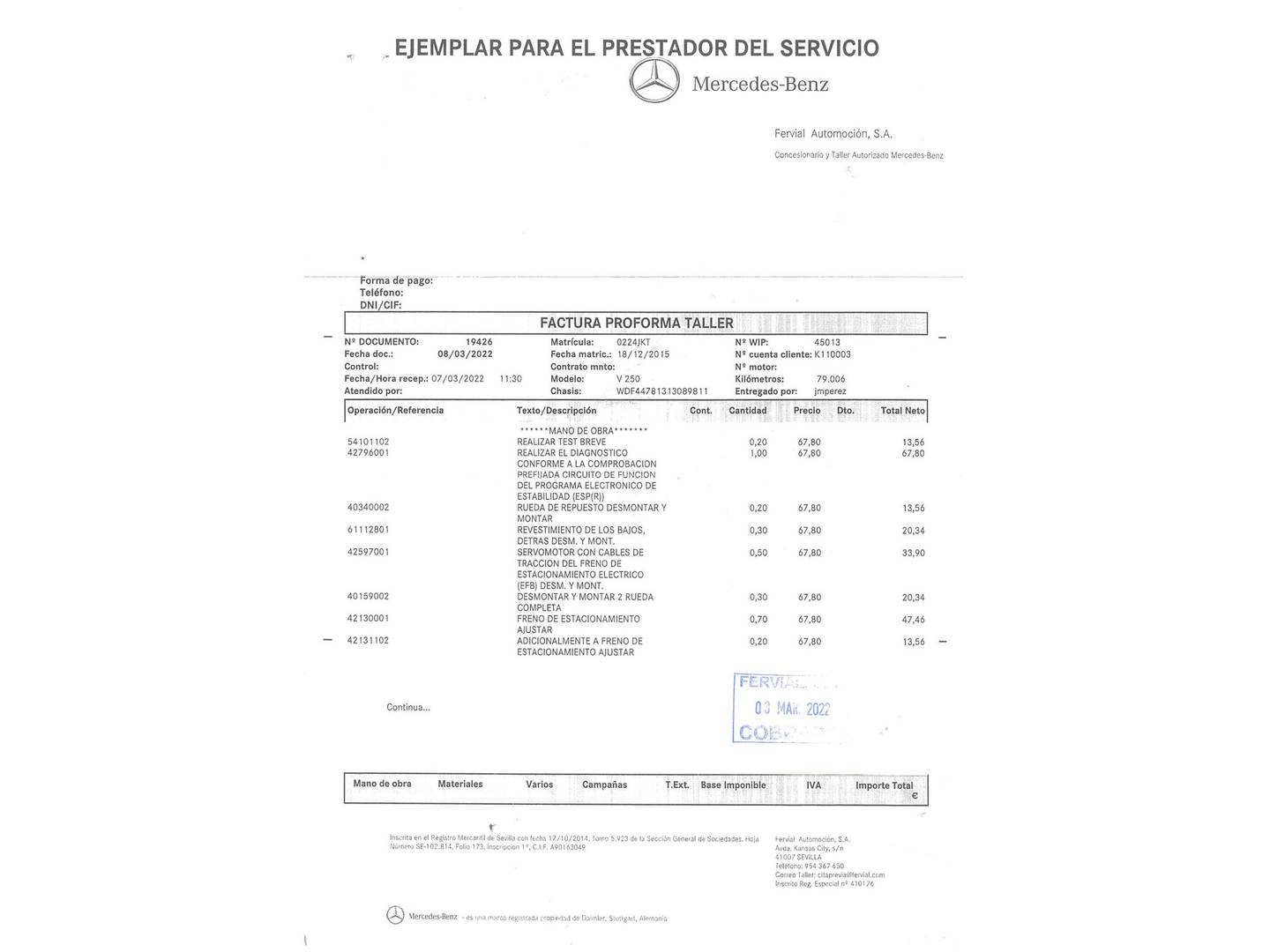 Foto del mantenimiento del Mercedes Clase V Mercedes Clase V V 220 CDI Largo (163 CV) 7 Plazas