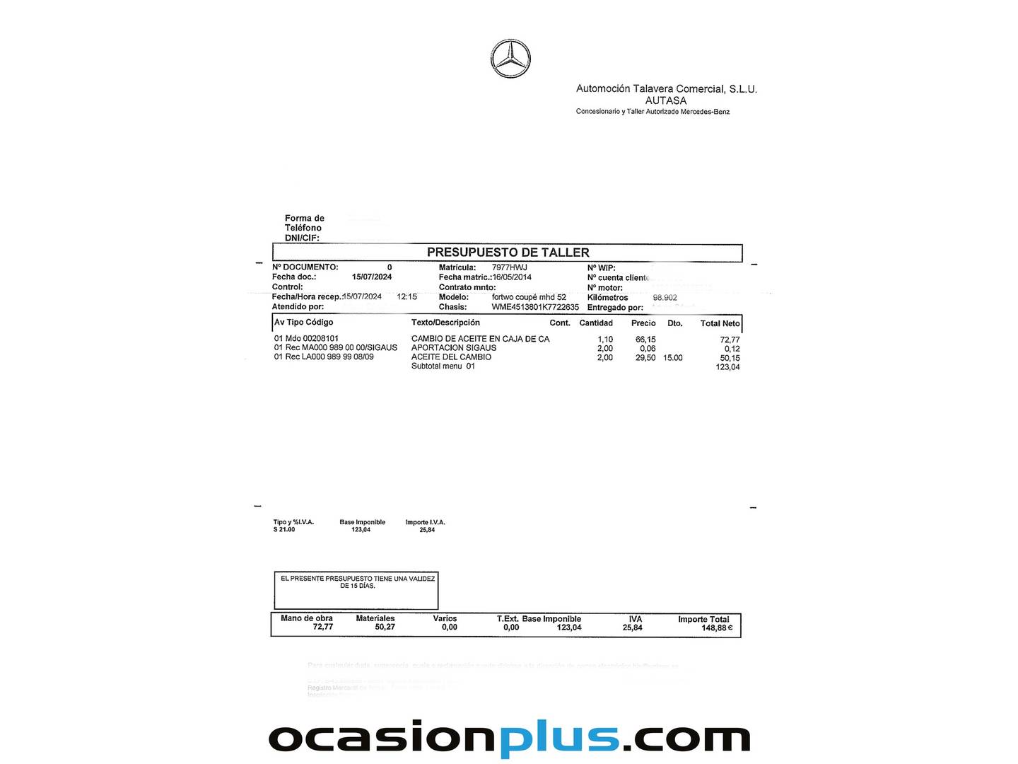 Foto del mantenimiento del Smart fortwo Smart ForTwo Coupe 52 mhd Pulse (71 CV)