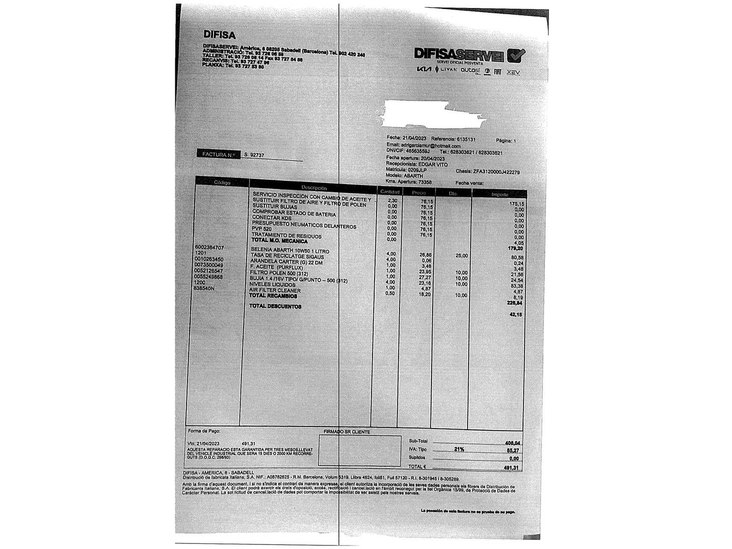 Foto del mantenimiento del Abarth 500 Abarth 500 1.4 16v T-Jet (135 CV)