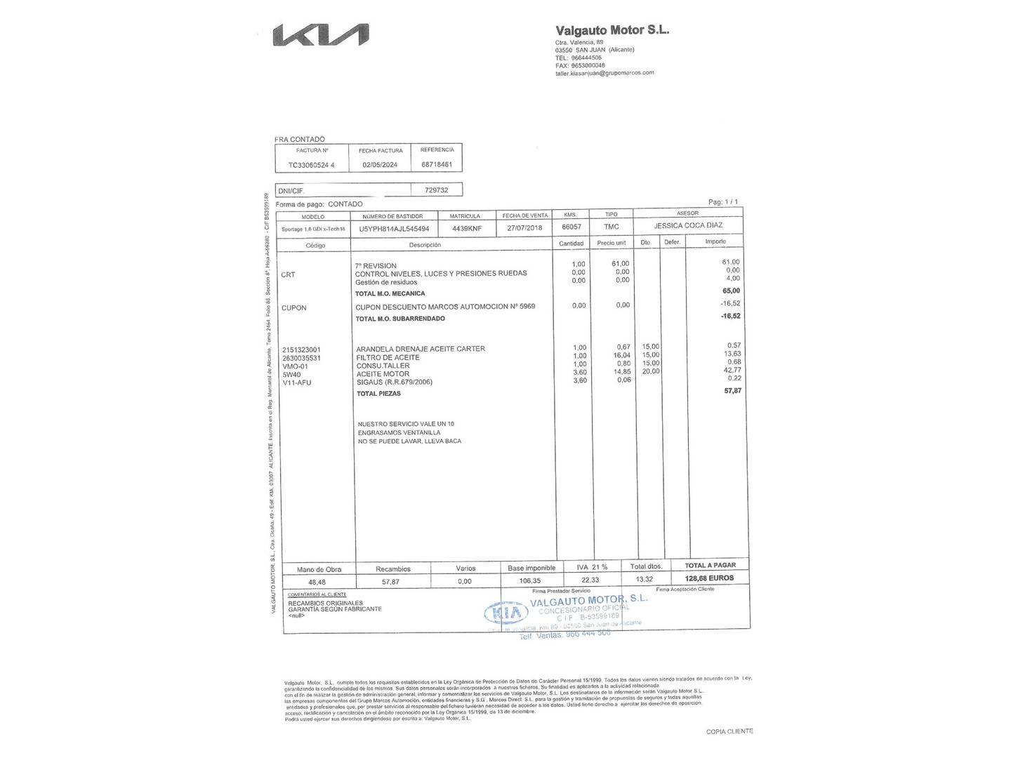 Foto del mantenimiento del KIA Sportage KIA Sportage 1.6 GDi x-Tech18 4x2 (132 CV)