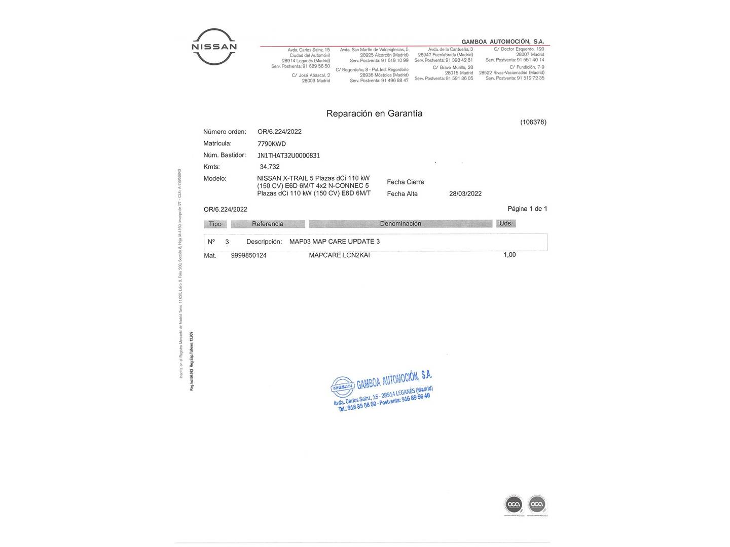 Foto del mantenimiento del Nissan X-TRAIL Nissan X-Trail Visia dCi (150 CV)