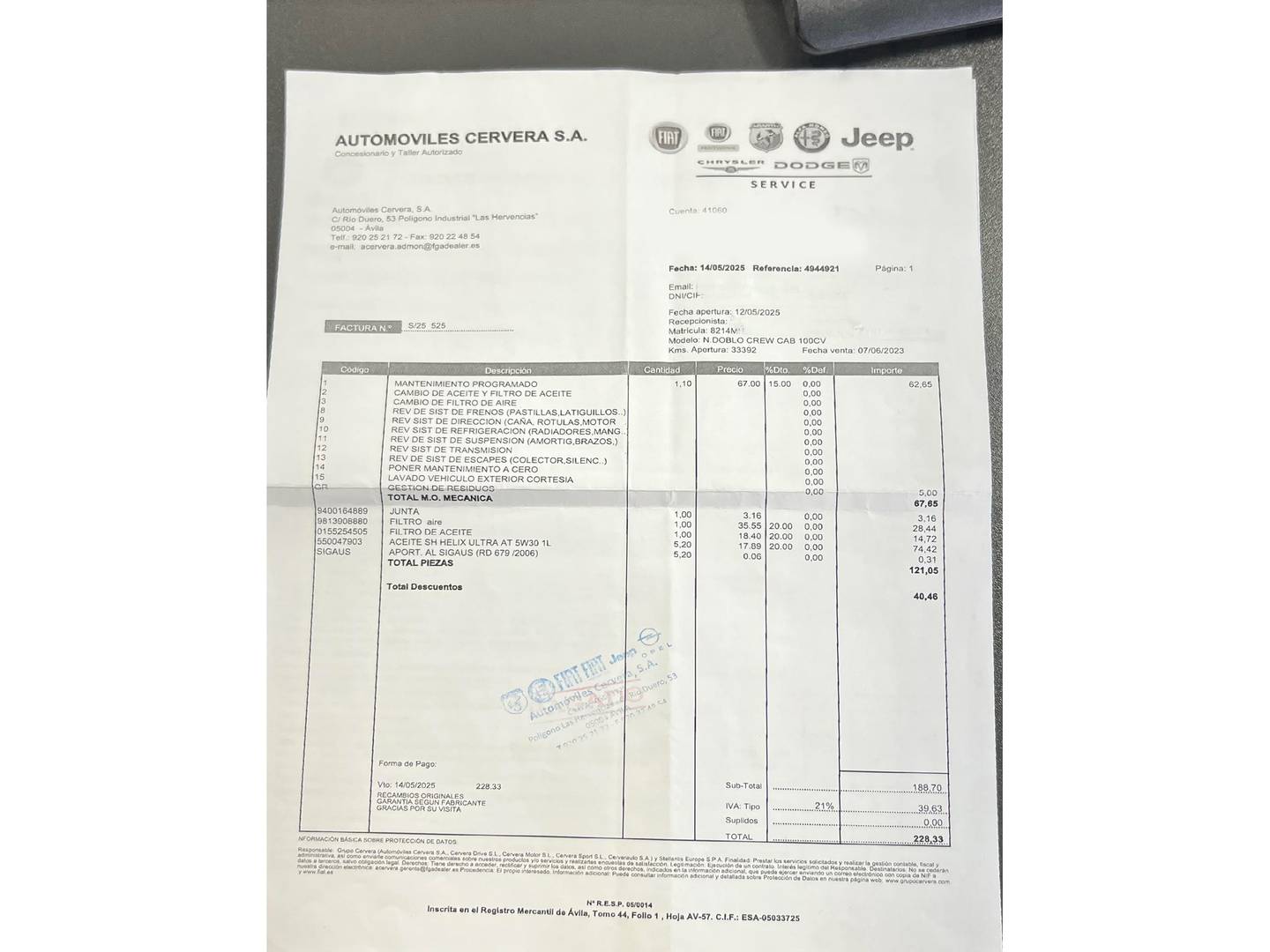 Foto del mantenimiento del Fiat Doblò Fiat Dobló Cargo Cargo BlueHDi 100 L2H1 (102 CV)