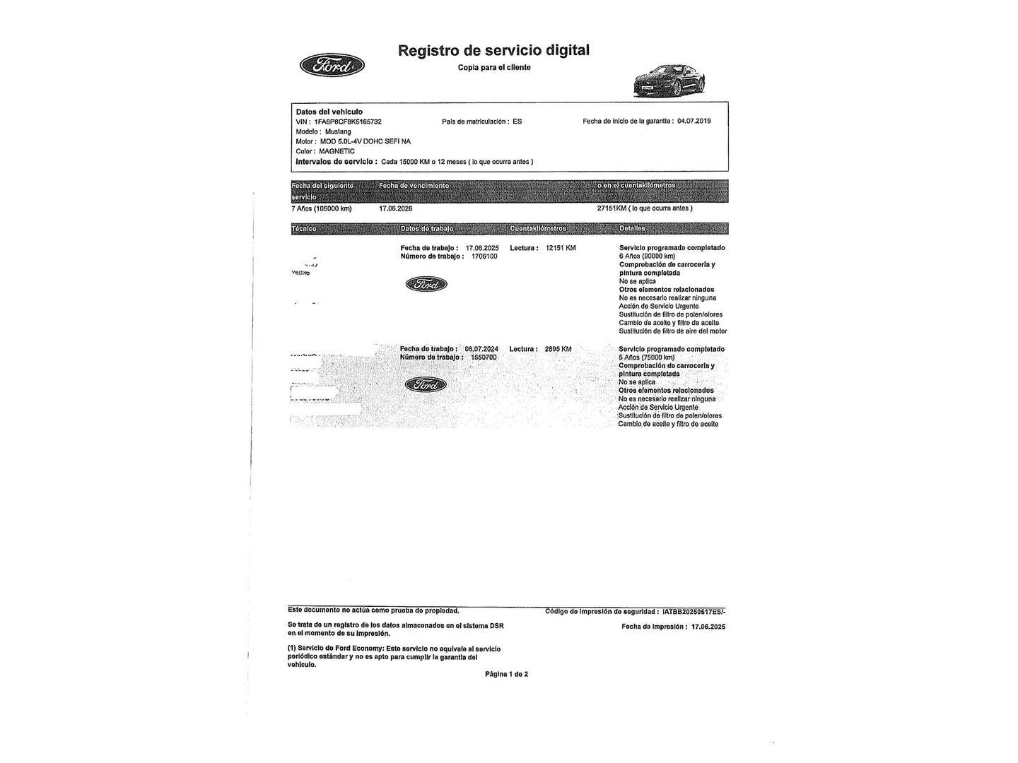 Foto del mantenimiento del Ford Mustang Ford Mustang 5.0 Ti-VCT V8 Mustang GT Fastback AT (450 CV)