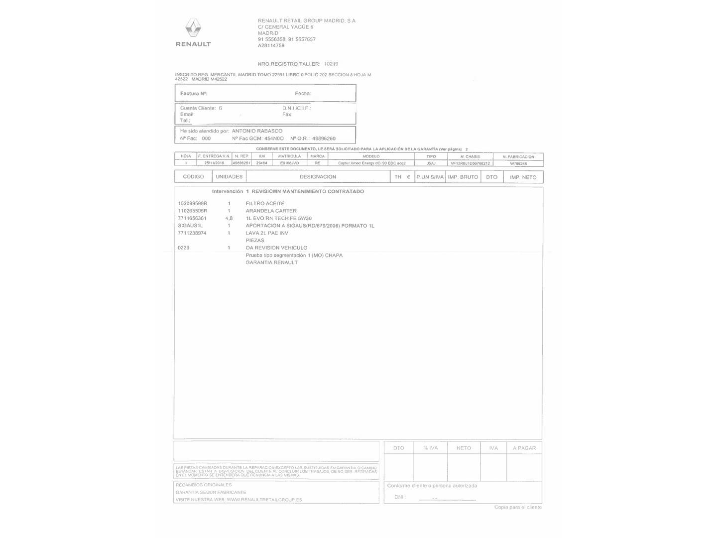 Foto del mantenimiento del Renault Captur Renault Captur 1.5 dCi Energy Xmod EDC (90 CV)