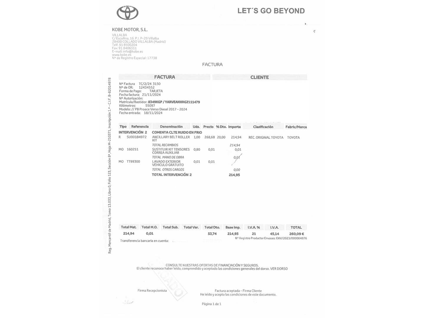 Foto del mantenimiento del Toyota Proace Verso Toyota Proace Verso 2.0D Family Medio Advance (150 CV) 8 Plazas