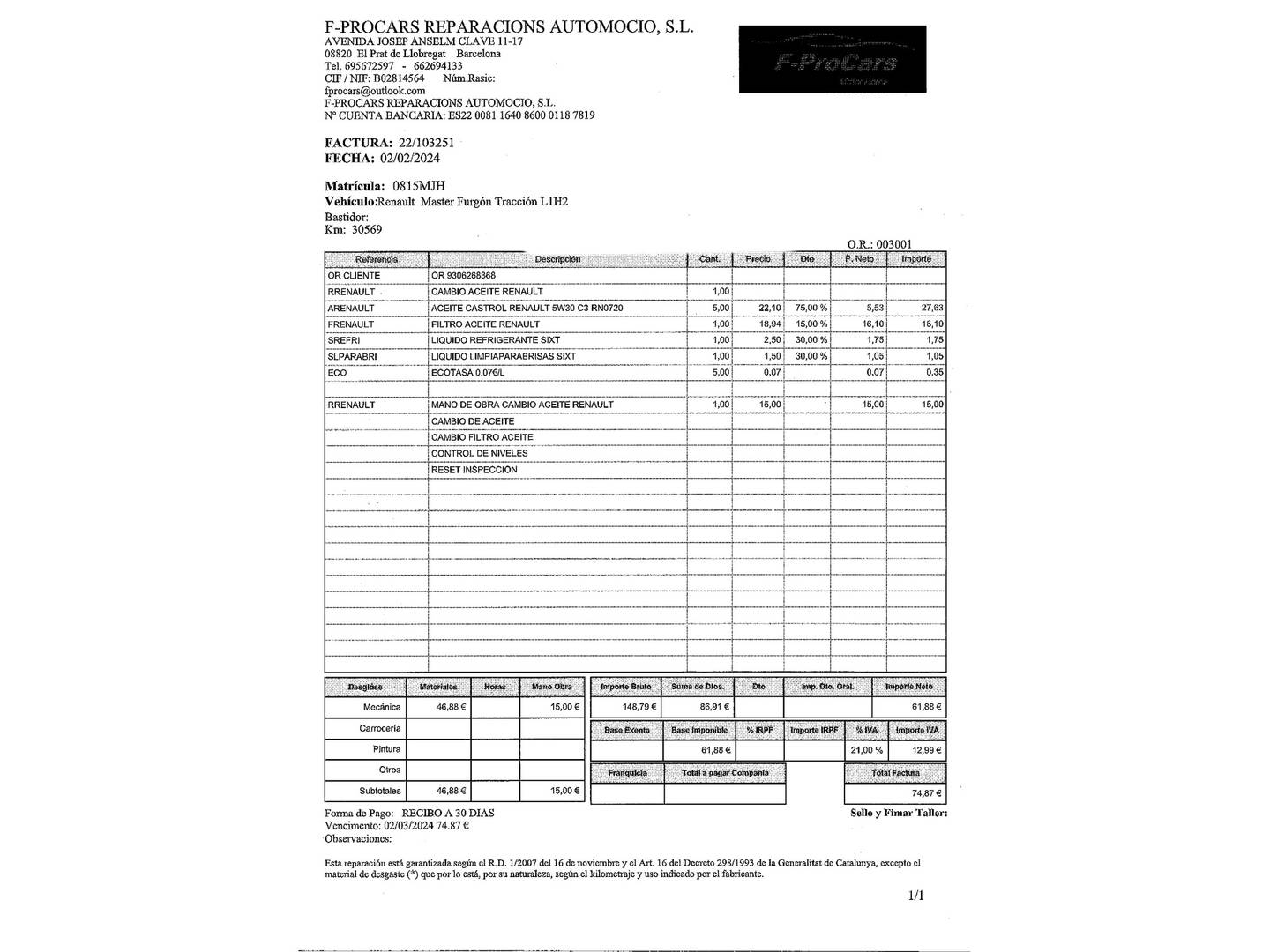 Foto del mantenimiento del Renault Master Renault Master Furgon Furgon L3H2 3500 Energy RG dCi (145 CV)