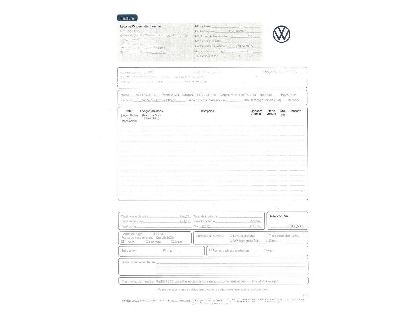 Foto del mantenimiento del Volkswagen Golf Volkswagen Golf Variant Sport 2.0 TDI (150 CV) DSG R-Line