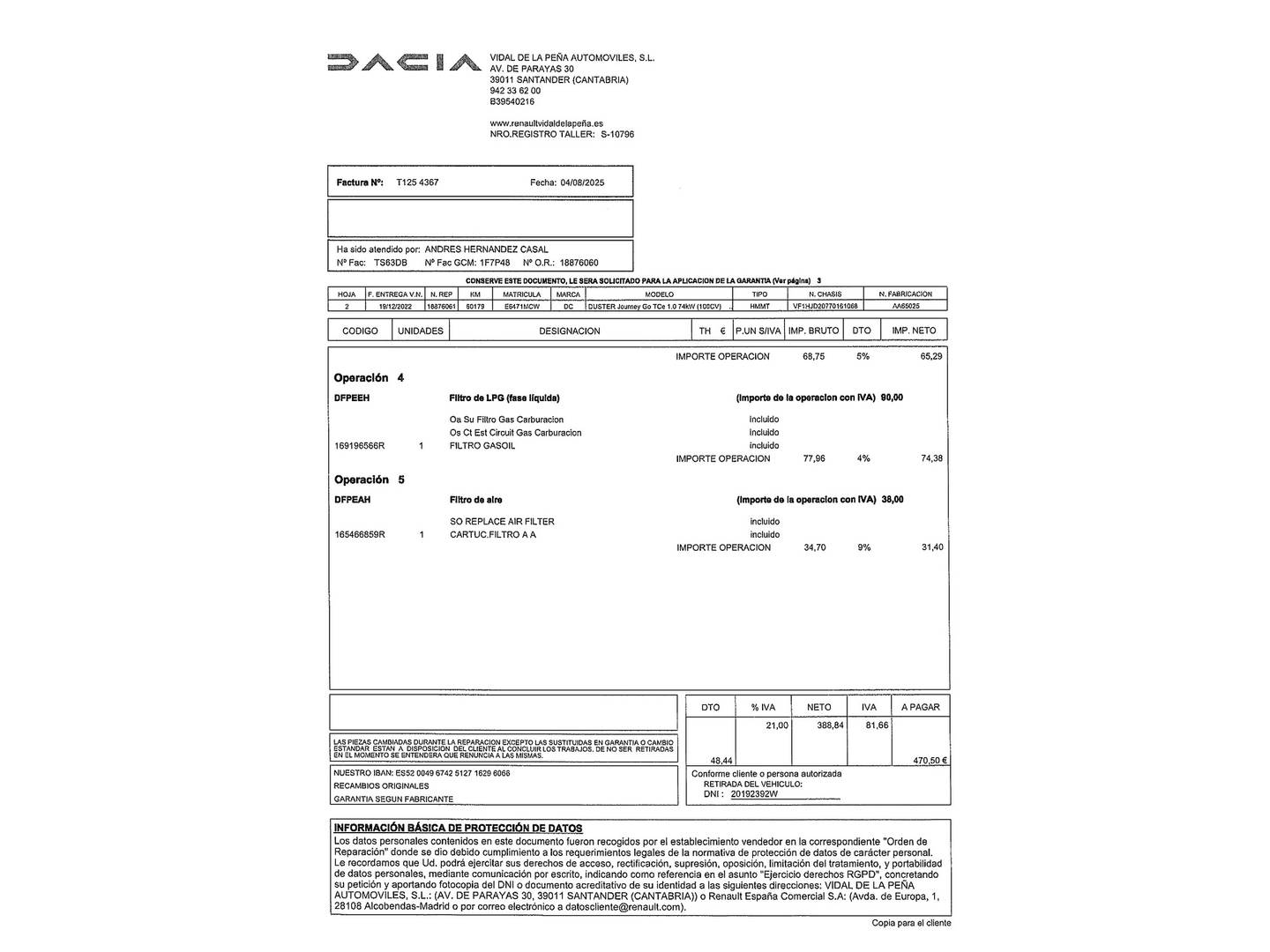 Foto del mantenimiento del Dacia Duster Dacia Duster Journey Go TCE ECO-G 4X2 (100 CV)