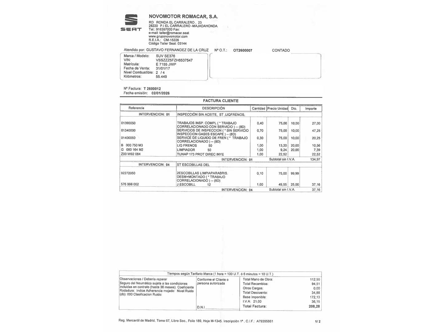 Foto del mantenimiento del Seat Ateca Seat Ateca 1.4 EcoTSI S&S Xcellence DSG (150 CV)