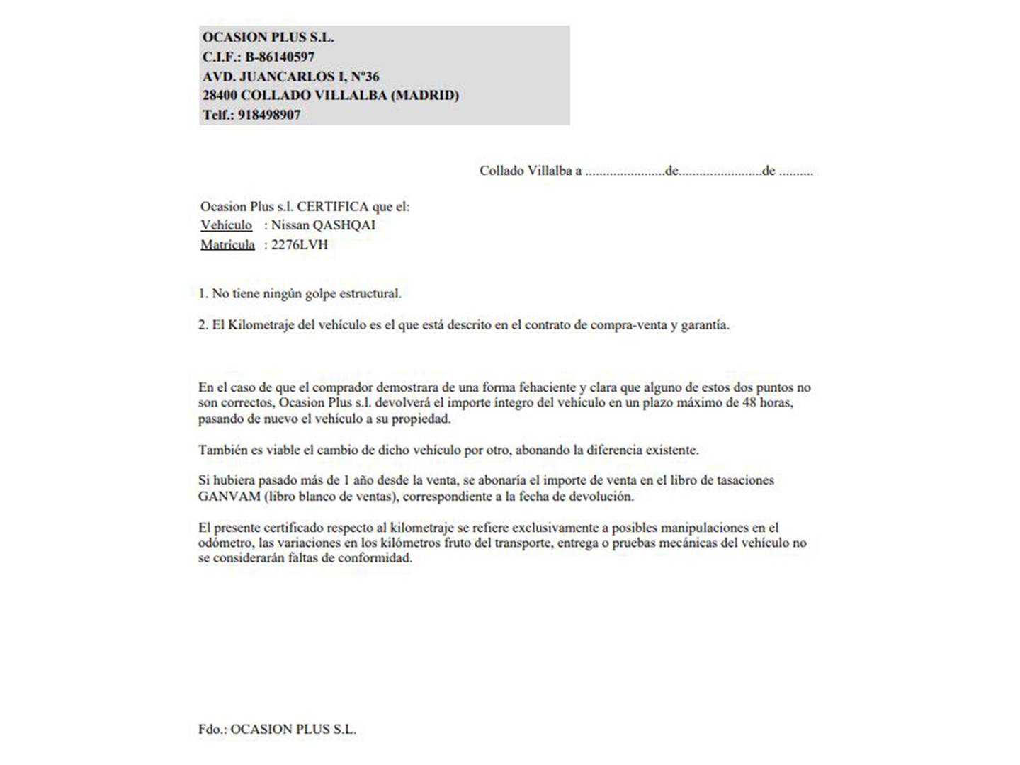 Foto del certificado del Nissan QASHQAI Nissan Qashqai DIG-T 140 mHEV Acenta 4x2 (140 CV)