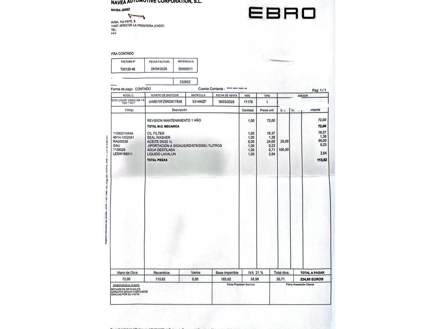 Foto del mantenimiento del EBRO S700 EBRO S700 1.6 TGDI Luxury 7 DCT (147 CV)
