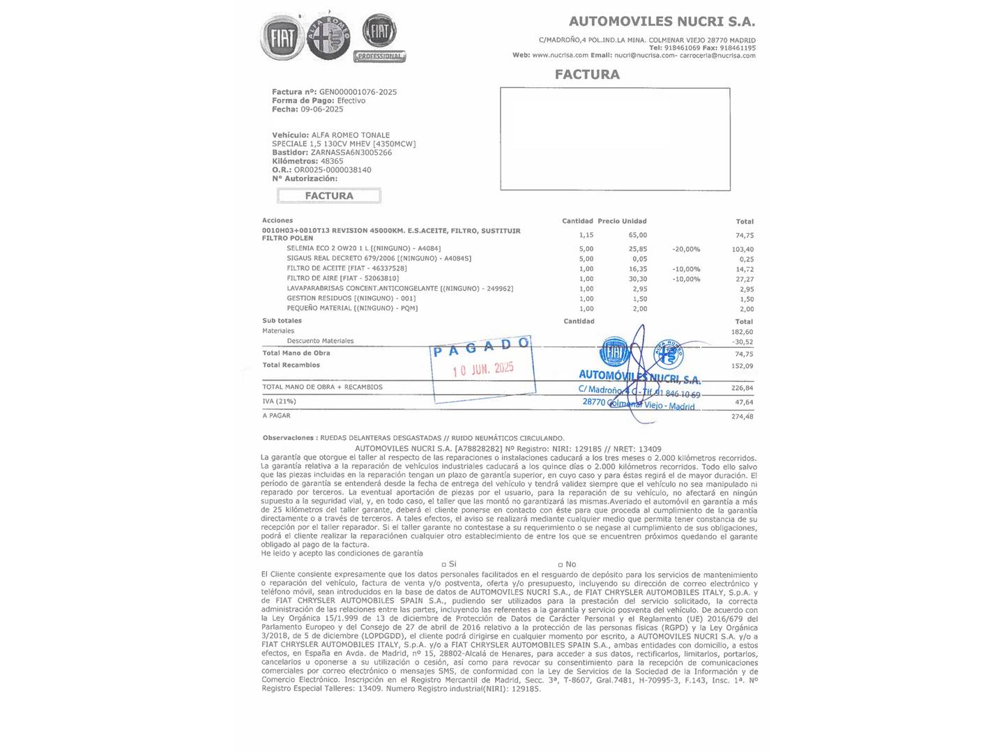 Foto del mantenimiento del Alfa Romeo Tonale Alfa Romeo Tonale 1.5 MHEV Speciale FWD Auto (130 CV)
