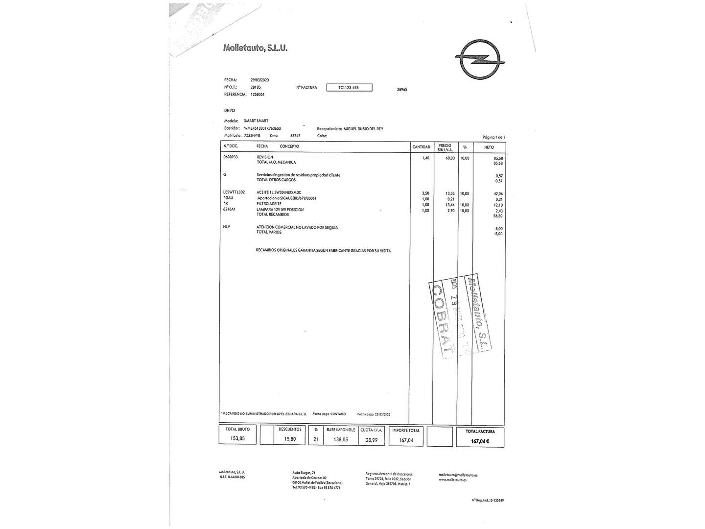Foto del mantenimiento del Smart fortwo Smart ForTwo Coupe 52 mhd Pulse (71 CV)
