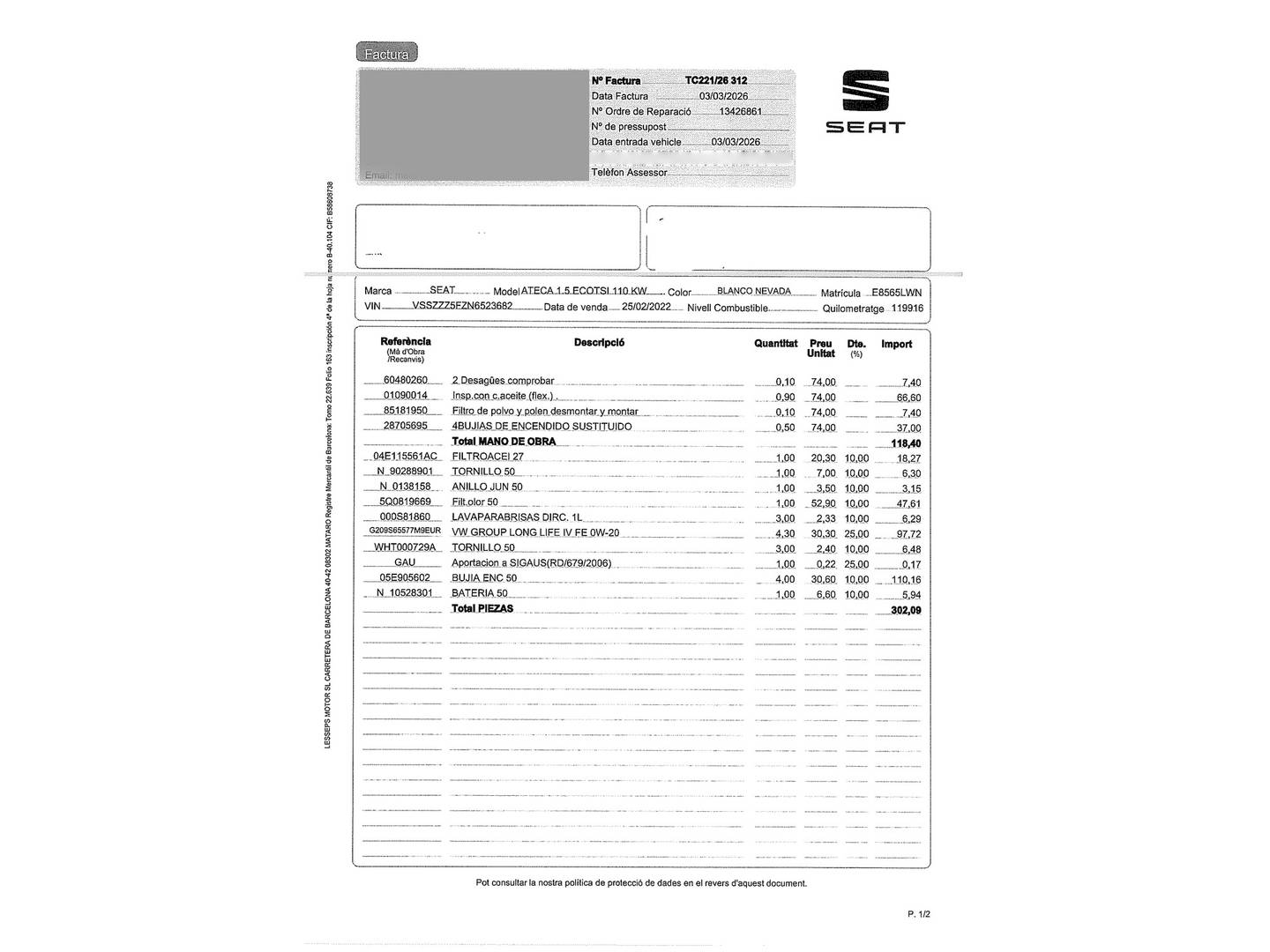 Foto del mantenimiento del Seat Ateca Seat Ateca 1.5 TSI S&S FR Go S DSG (150 CV)