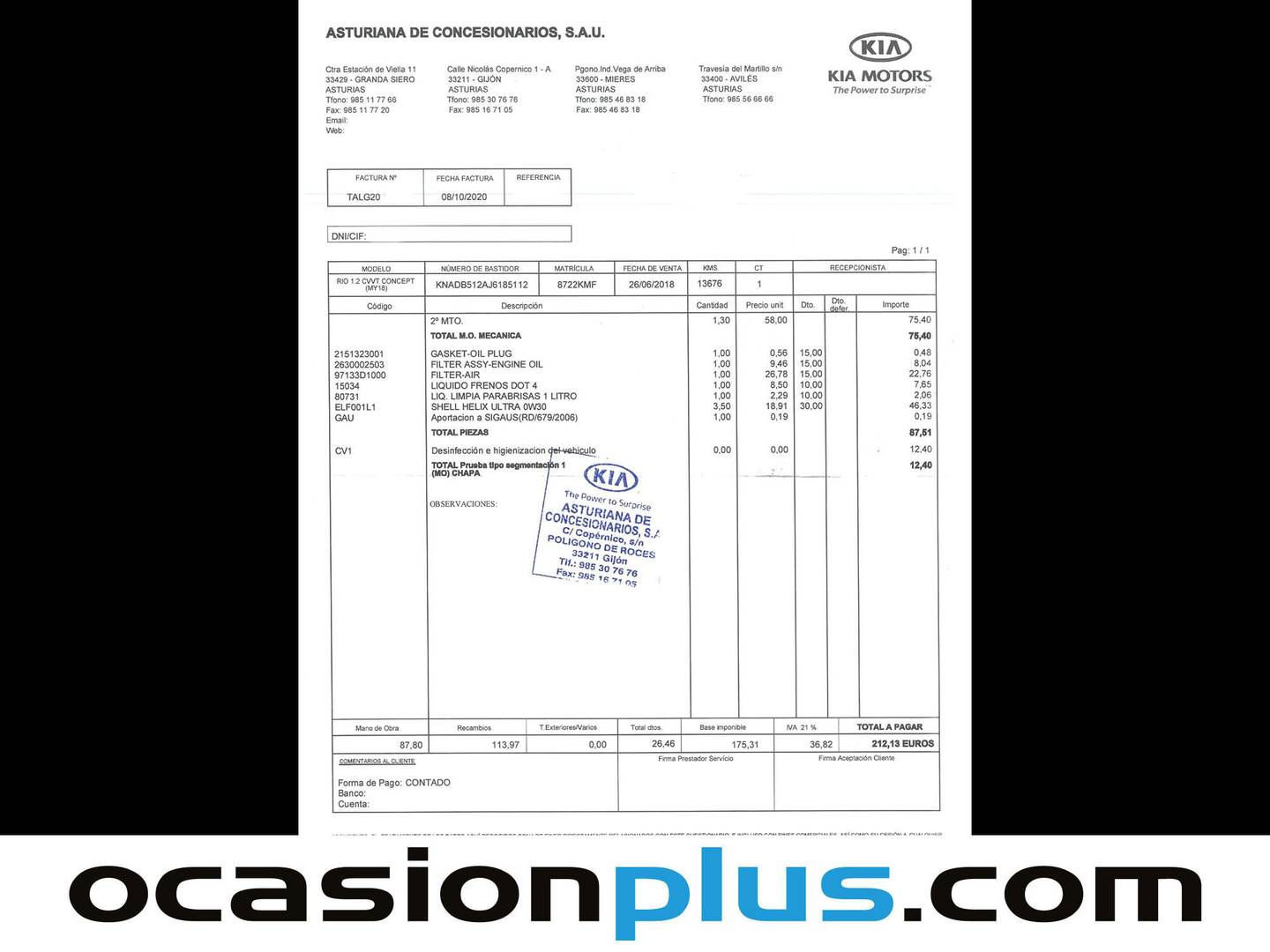 Foto del mantenimiento del KIA Rio KIA Rio 1.2 CVVT Concept (84 CV)