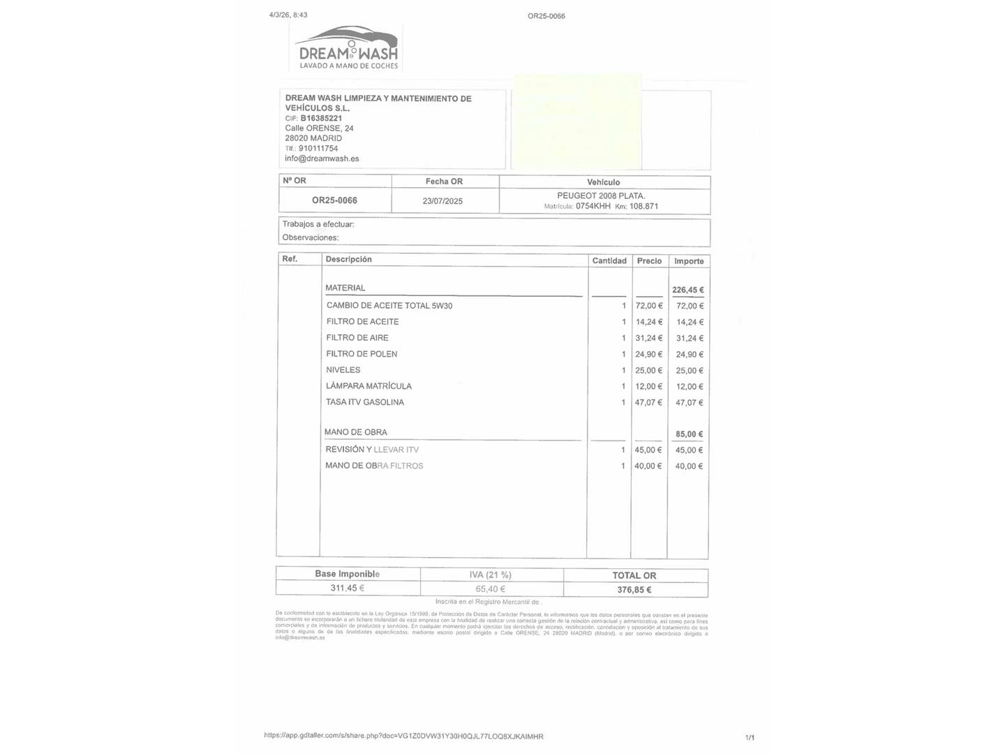 Foto del mantenimiento del Peugeot 2008 Peugeot 2008 PureTech 82 Style (82 CV)