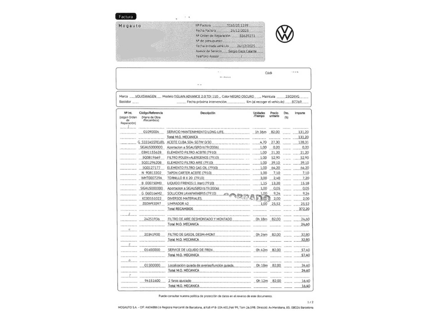 Foto del mantenimiento del Volkswagen Tiguan Volkswagen Tiguan Advance 2.0 TDI (150 CV) Pack R-line