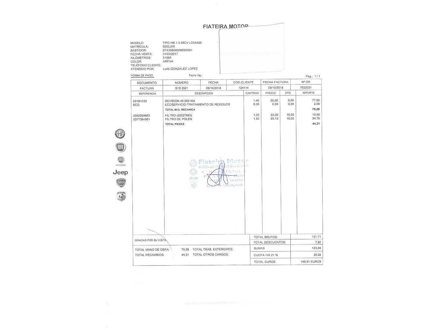 Foto del mantenimiento del Fiat Tipo Fiat Tipo 1.3 Multijet Lounge (95 CV)