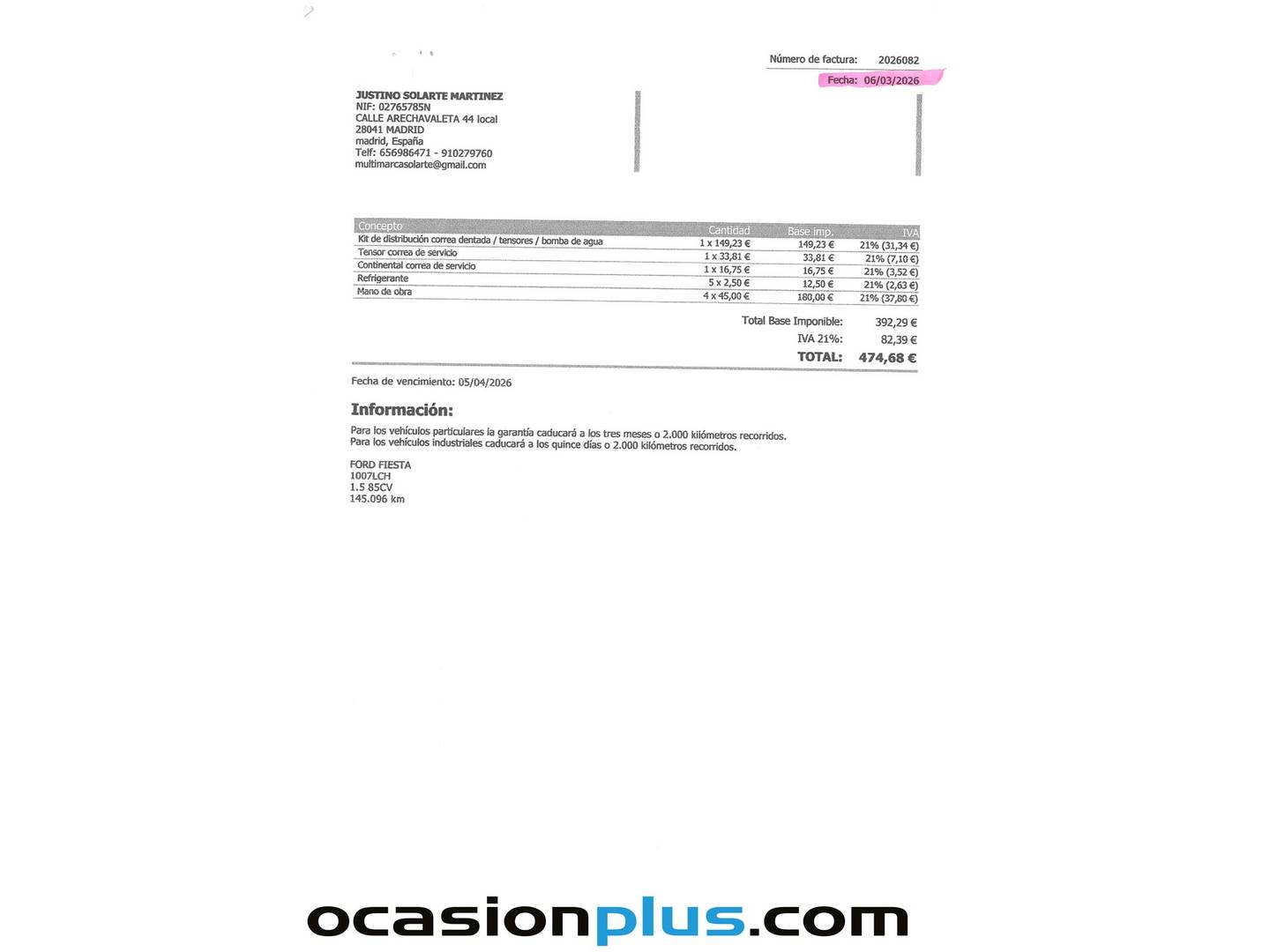 Foto del mantenimiento del Ford Fiesta Ford Fiesta 1.5 TDCi Trend  (85 CV)