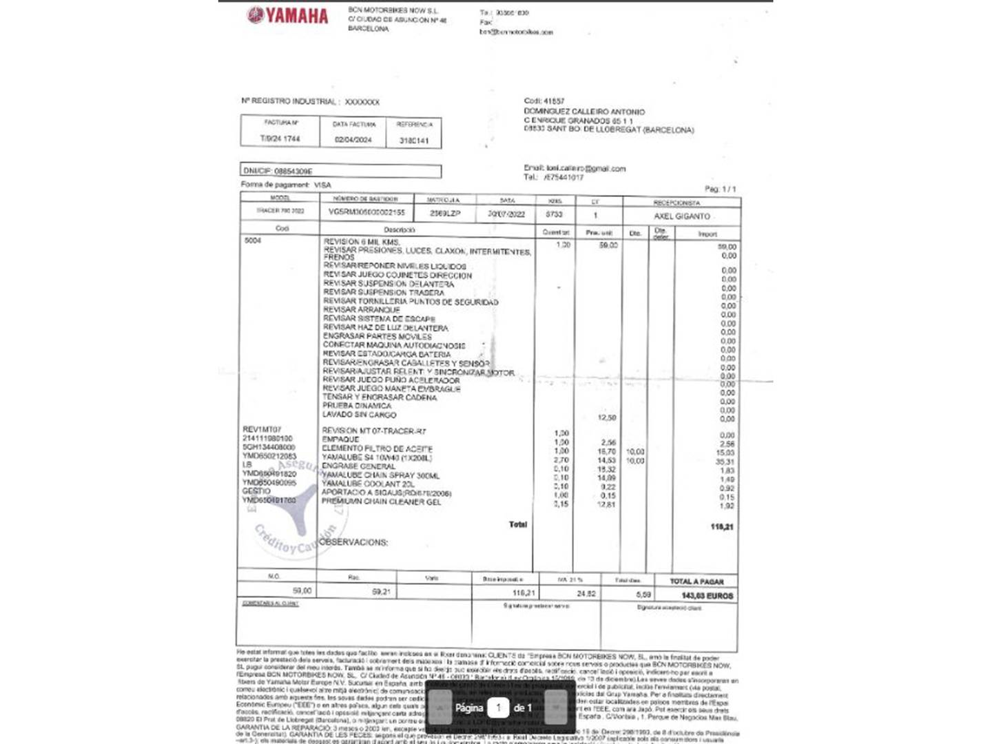 Foto del mantenimiento del Yamaha Tracer 700 Yamaha Tracer 700 Tracer 700 tracer 7  (73 cv)