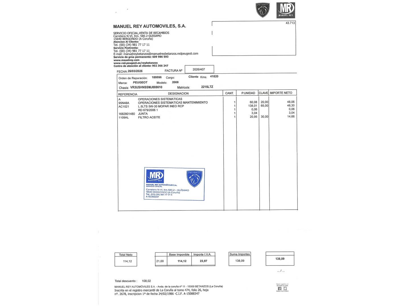 Foto del mantenimiento del Peugeot 2008 Peugeot 2008 PureTech 130 S&S GT EAT8 (130 CV)
