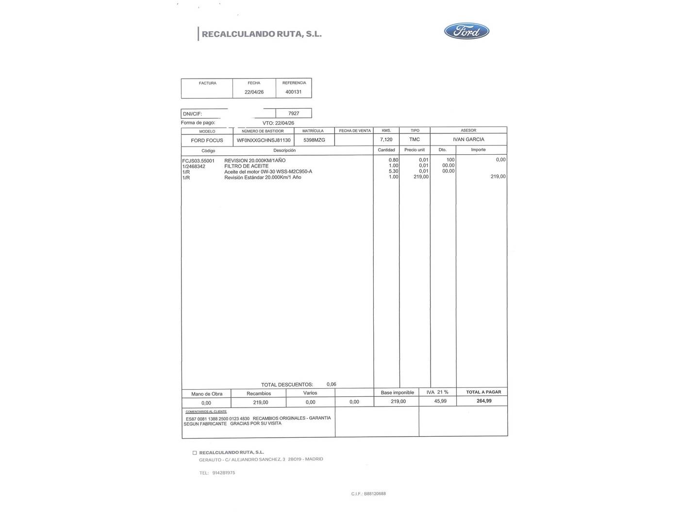 Foto del mantenimiento del Ford Focus Ford Focus 2.3 EcoBoost ST (280 CV)