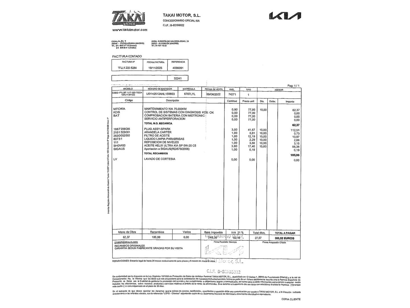 Foto del mantenimiento del KIA Ceed KIA Ceed 1.0 T-GDi Tech (120 CV)